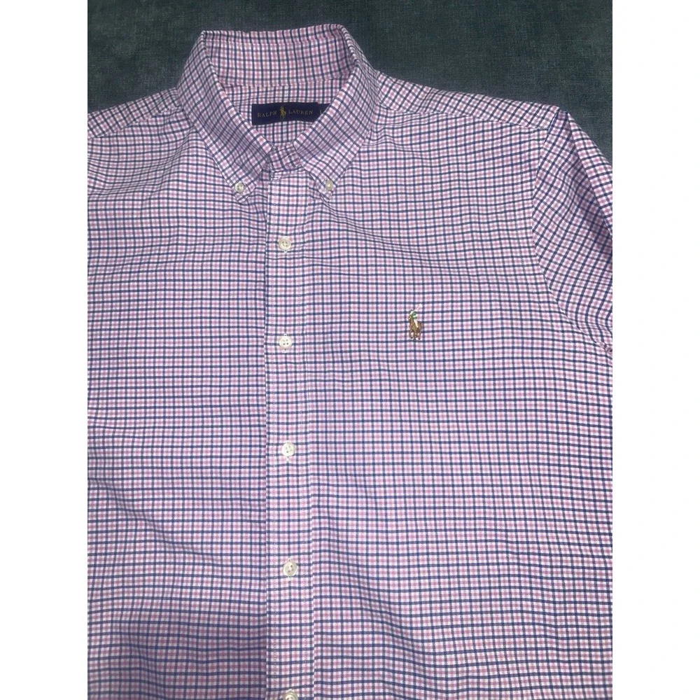 Ralph Lauren Men's Large Cotton L/S Button Down Shirt Navy Pink‎ White Plaid